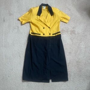 VINTAGE Studio Sheath Dress Yellow and Blue Notched Collar